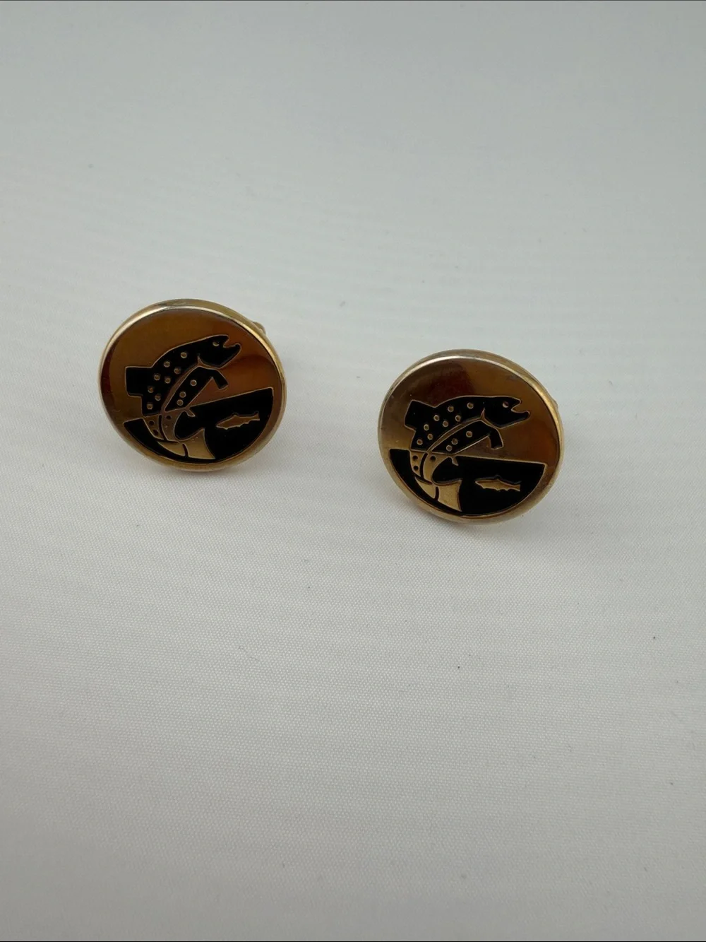 Vintage Gold-Tone and Black Fish Design Round Cufflinks - Men's Accessories